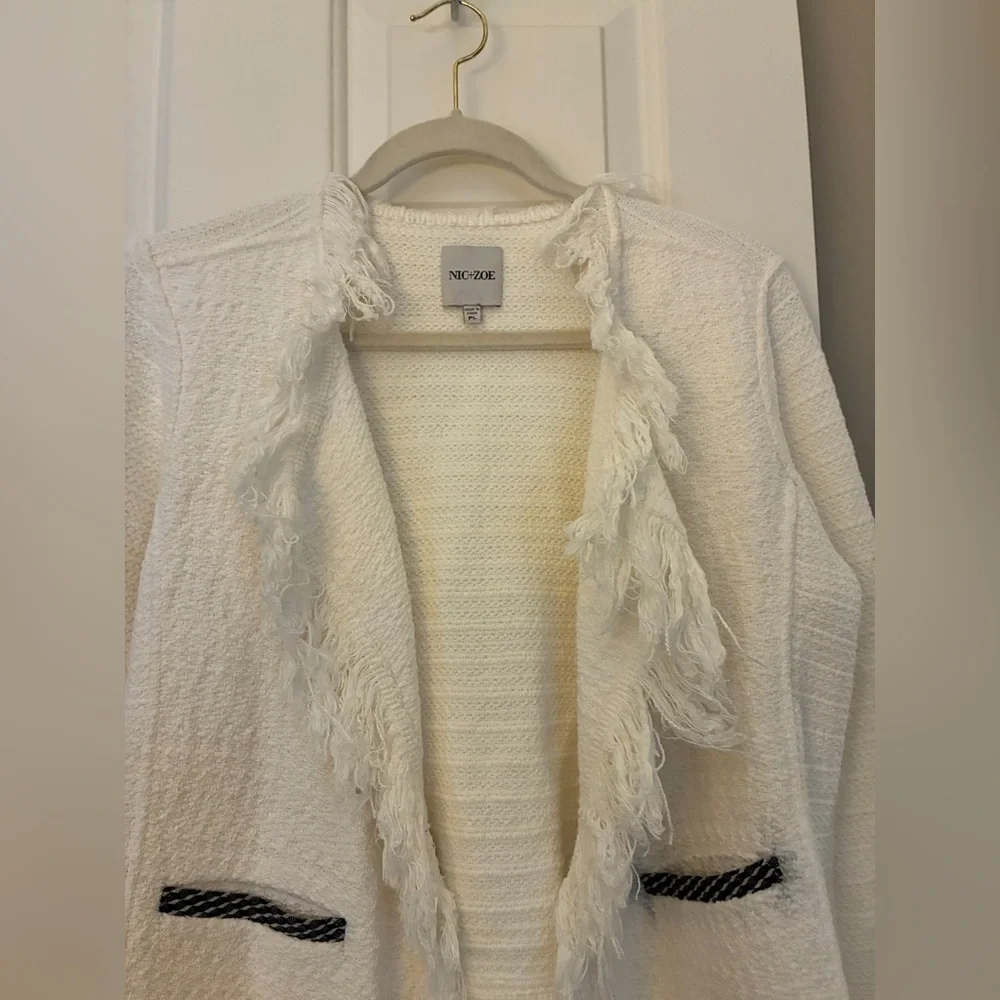 Mic & Zoe Statement Fringe Mix Knit Jacket in Classic Cream White‎ Sz PL